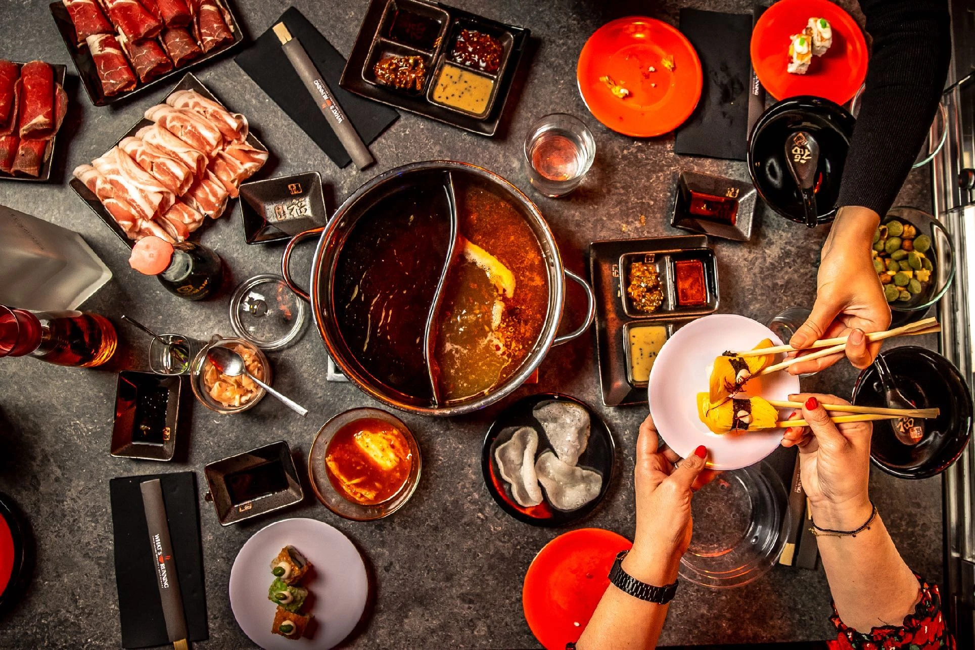 A colourful shared meal photographed directly from above